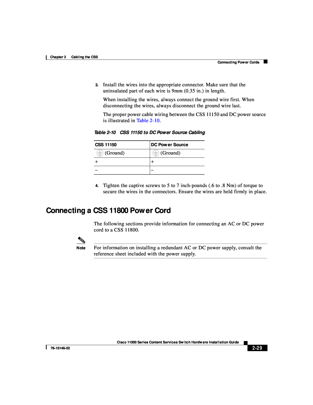Cisco Systems 11000 Series manual Connecting a CSS 11800 Power Cord, DC Power Source, 2-29 