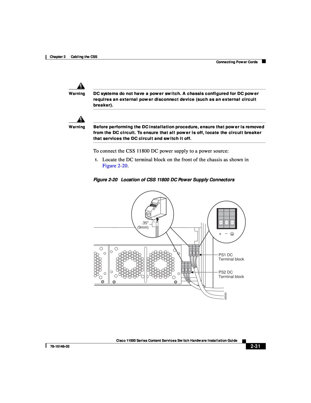 Cisco Systems 11000 Series manual 2-31, 20 Location of CSS 11800 DC Power Supply Connectors 