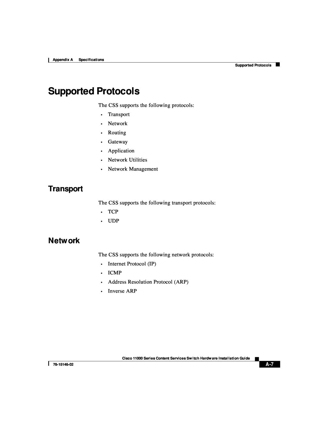 Cisco Systems 11000 Series manual Supported Protocols, Transport, Network 
