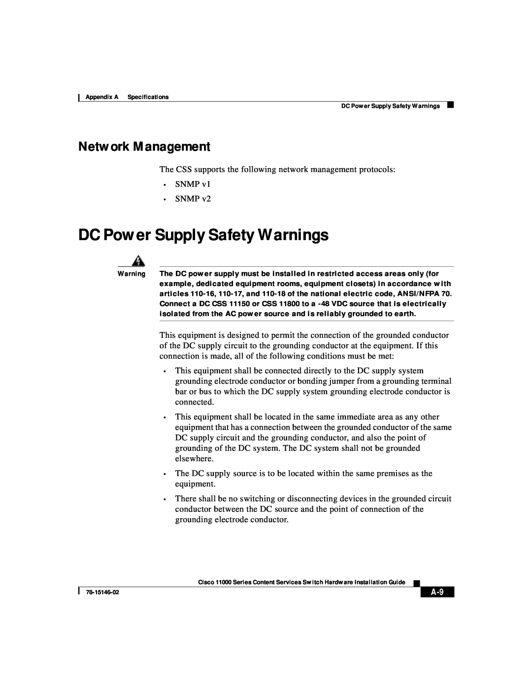 Cisco Systems 11000 Series manual DC Power Supply Safety Warnings, Network Management 