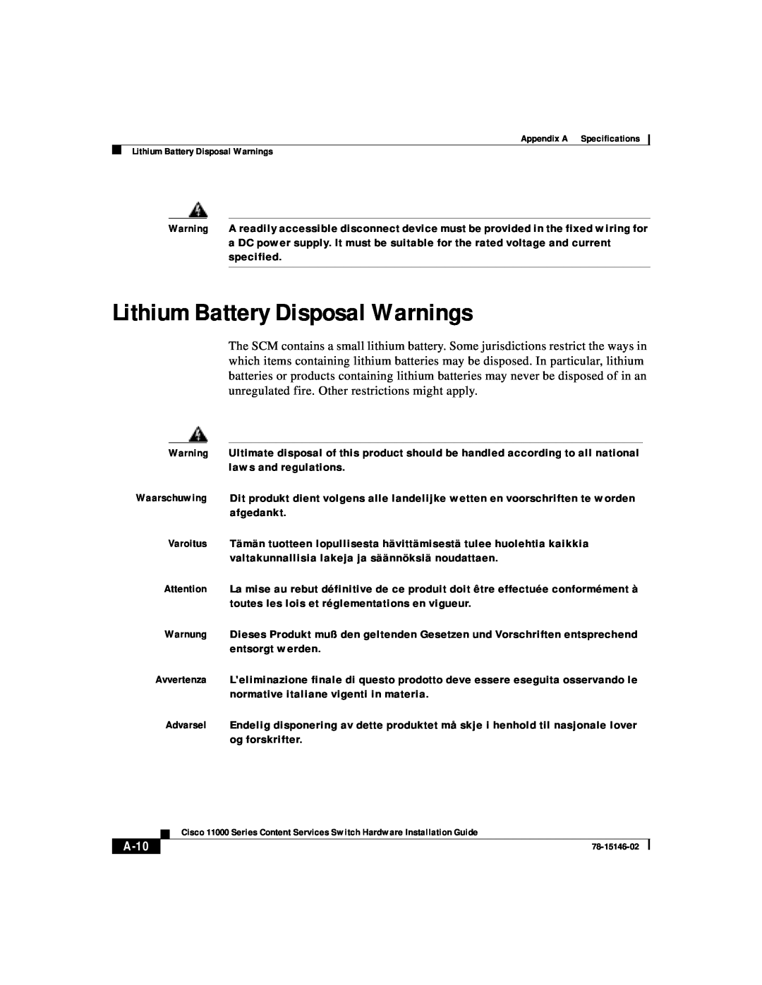 Cisco Systems 11000 Series manual Lithium Battery Disposal Warnings, A-10 