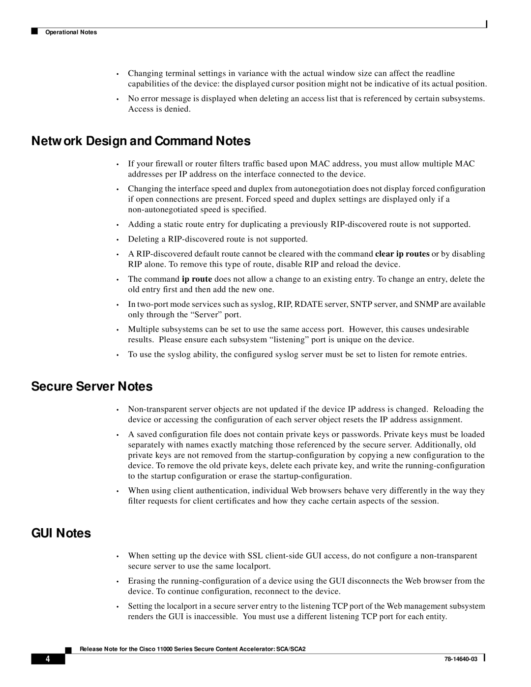 Cisco Systems 11000 manual Network Design and Command Notes, Secure Server Notes, GUI Notes 