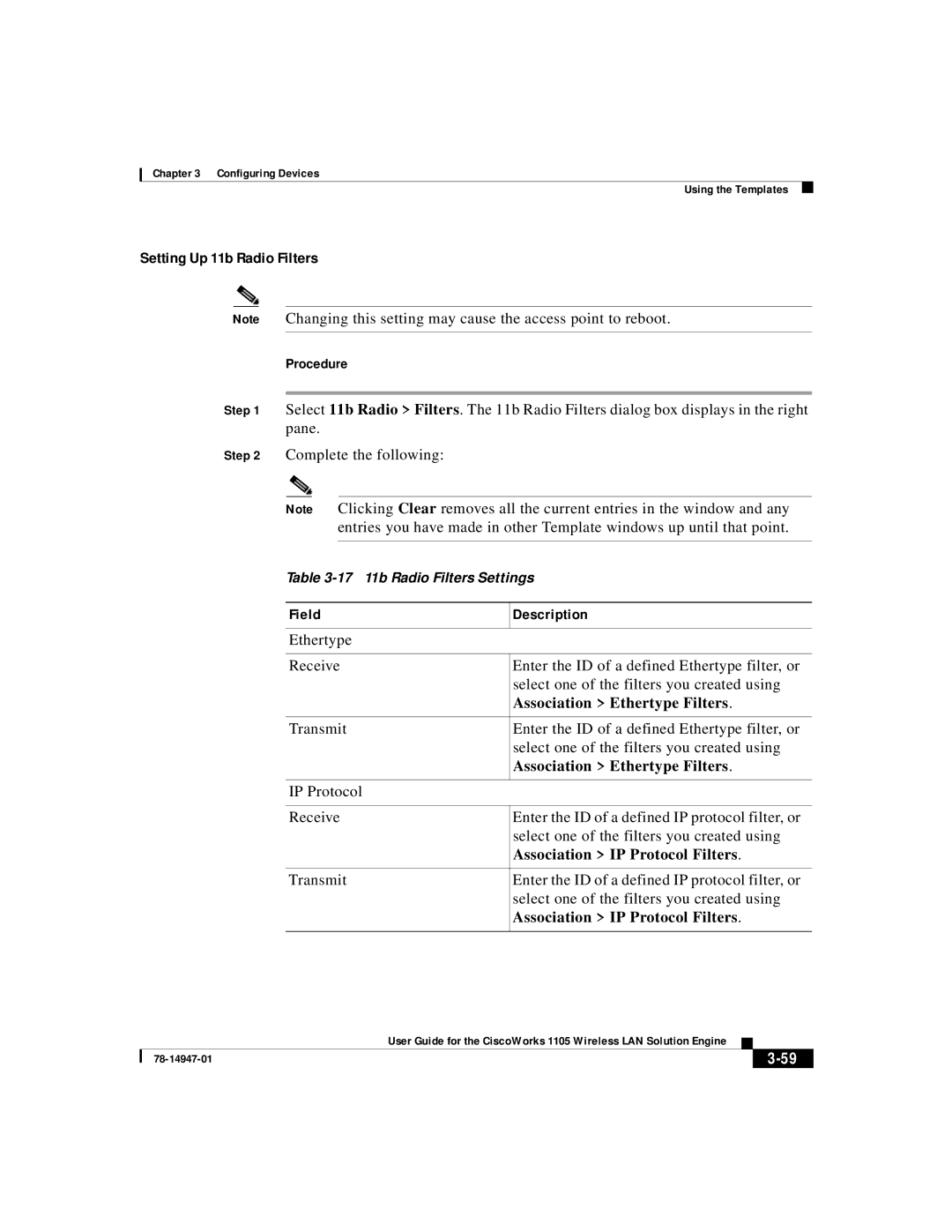 Cisco Systems 1105 manual Setting Up 11b Radio Filters, Association Ethertype Filters, Association IP Protocol Filters 