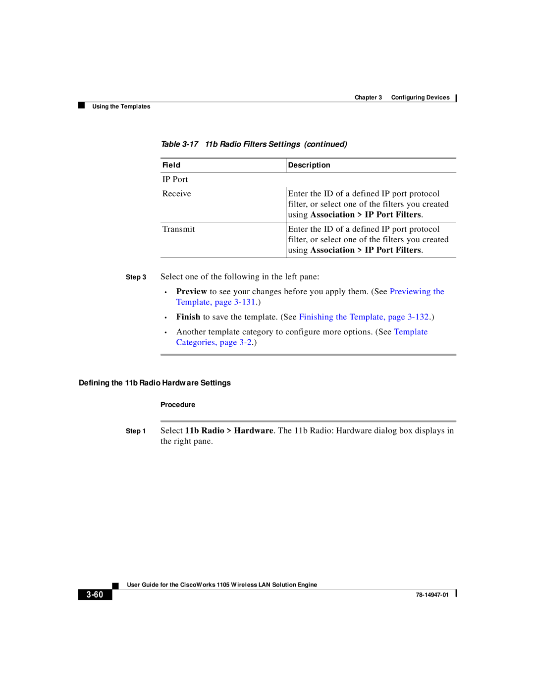 Cisco Systems 1105 manual Defining the 11b Radio Hardware Settings, IP Port Receive Transmit 