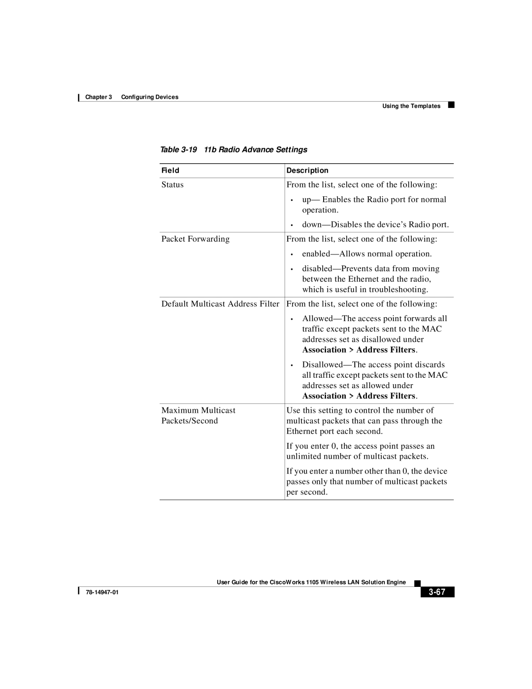 Cisco Systems 1105 manual Association Address Filters, Disallowed-The access point discards, Addresses set as allowed under 