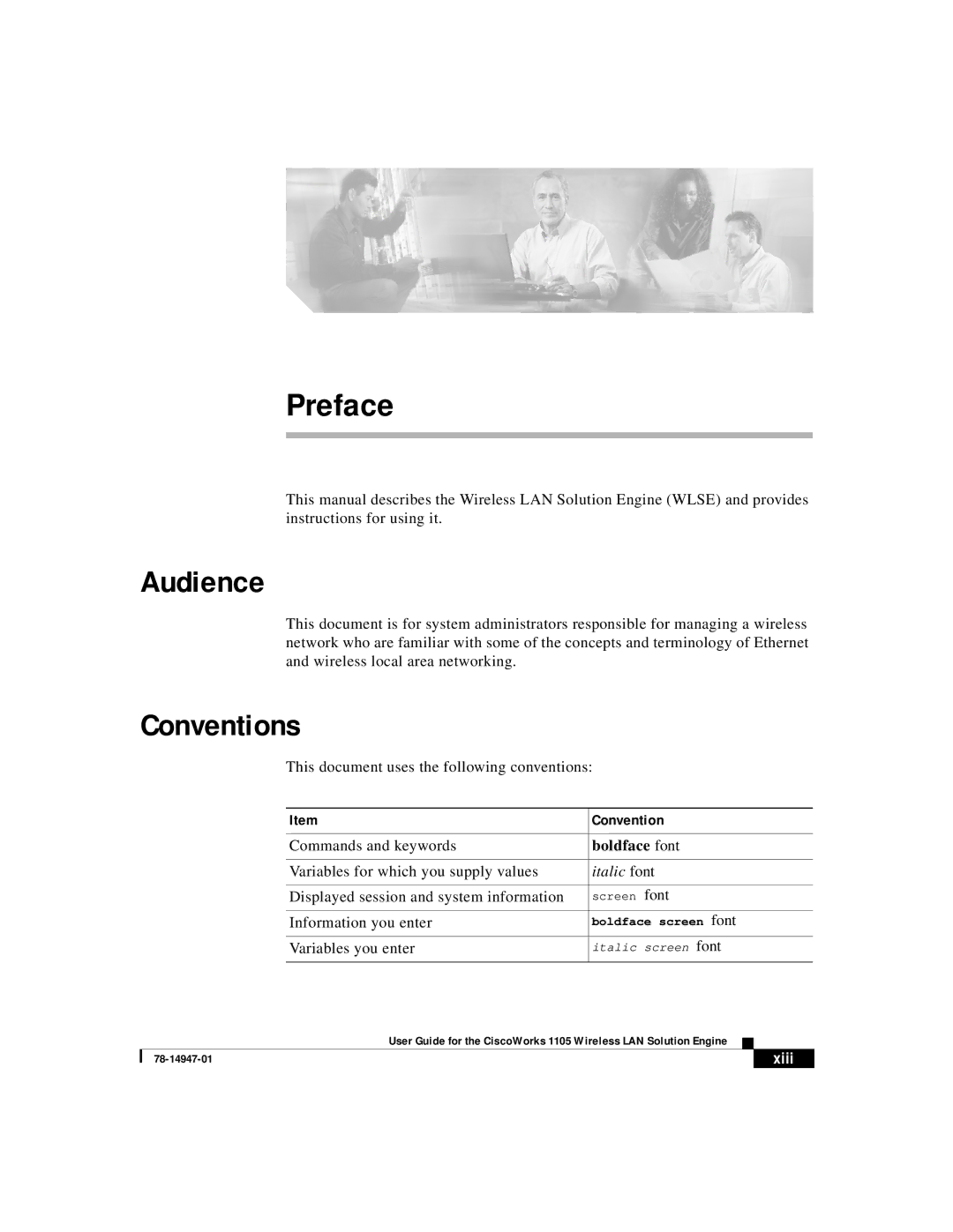 Cisco Systems 1105 manual Audience, Conventions, Boldface font, Xiii 