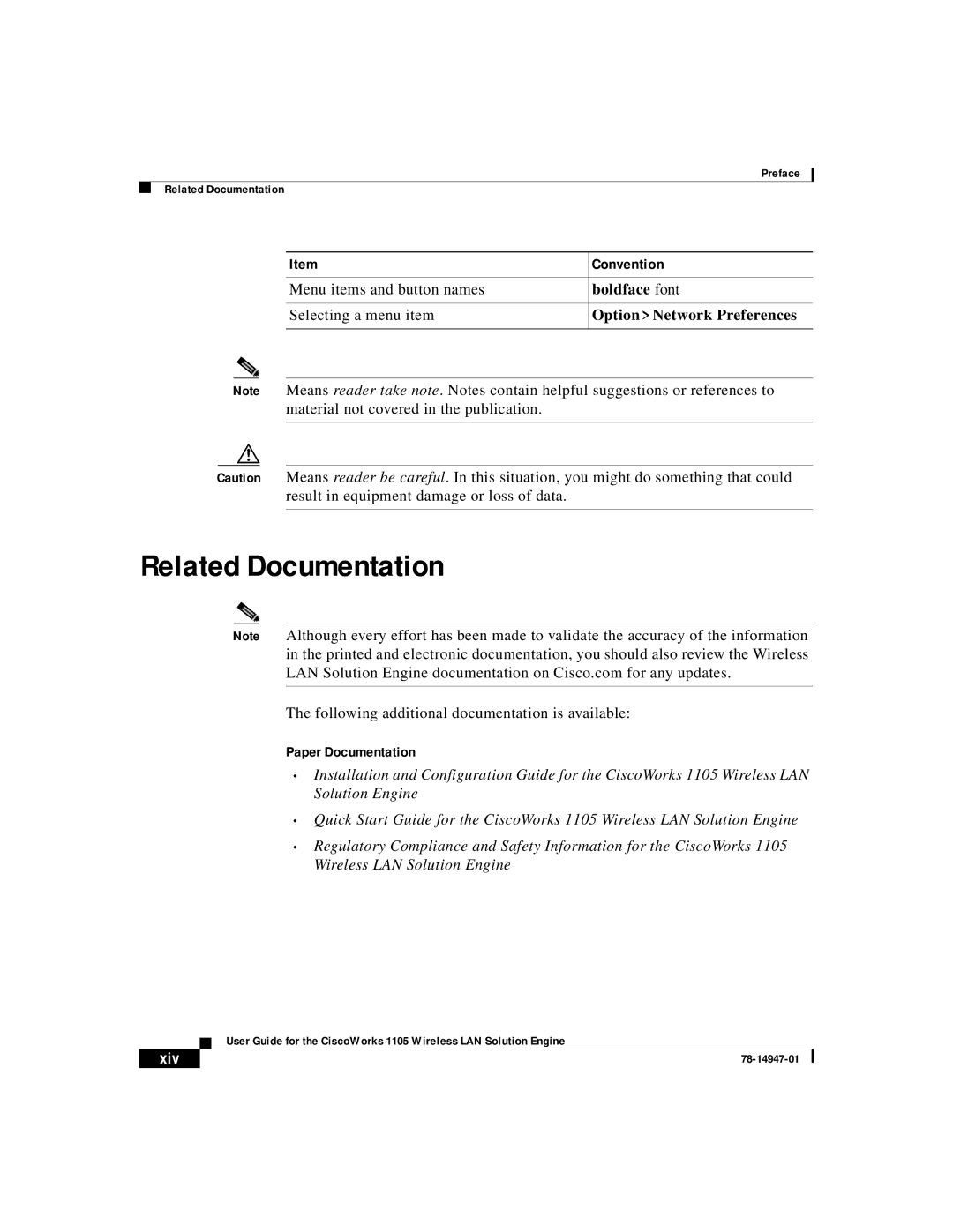 Cisco Systems 1105 manual Related Documentation, Option Network Preferences, Paper Documentation, Xiv 