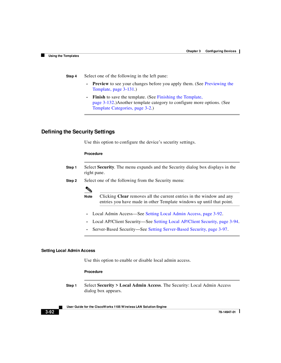 Cisco Systems 1105 manual Defining the Security Settings, Setting Local Admin Access 