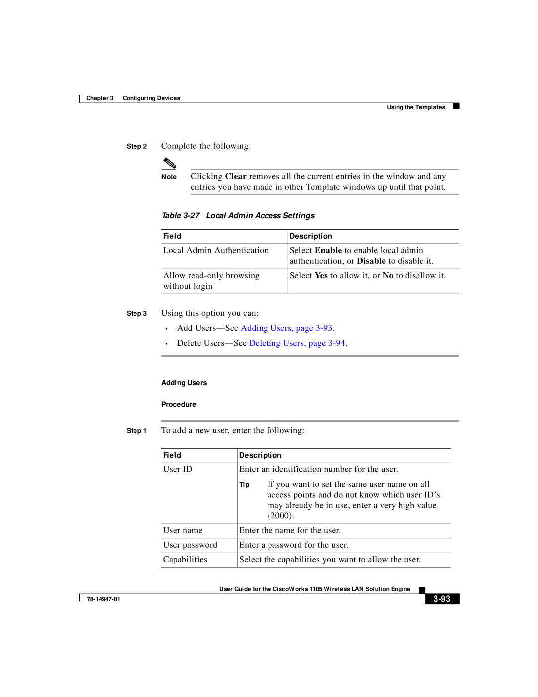 Cisco Systems 1105 manual Add Users-SeeAdding Users, Delete Users-SeeDeleting Users, Adding Users Procedure 