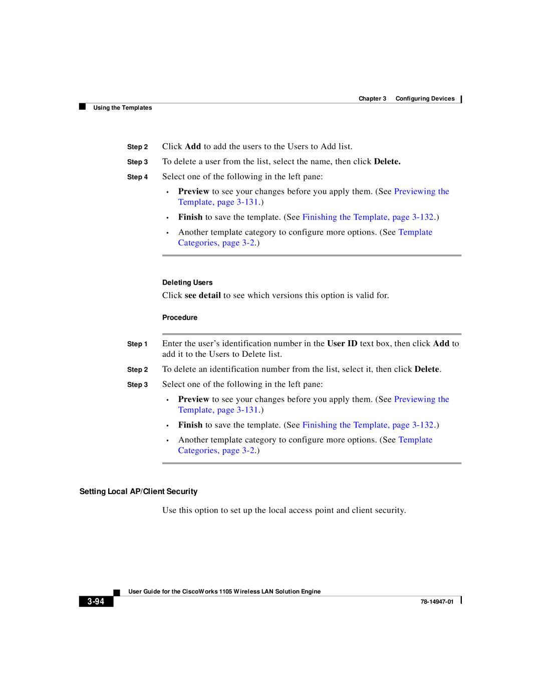 Cisco Systems 1105 manual Setting Local AP/Client Security, Deleting Users 