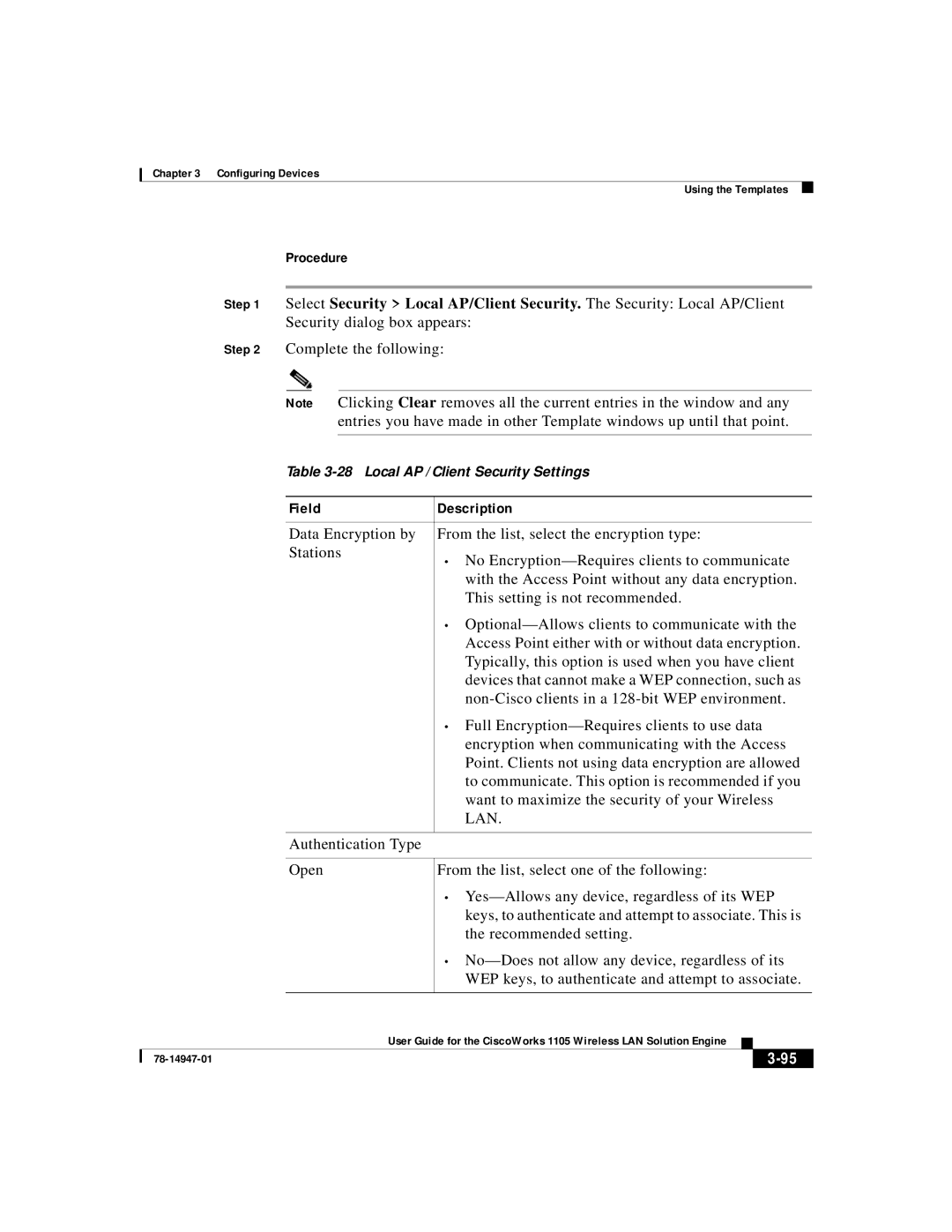 Cisco Systems 1105 manual Local AP /Client Security Settings 