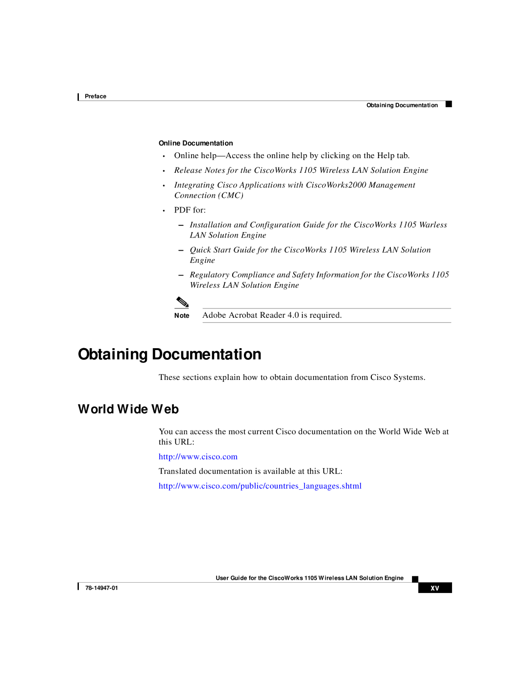 Cisco Systems 1105 manual Obtaining Documentation, World Wide Web, Online Documentation 