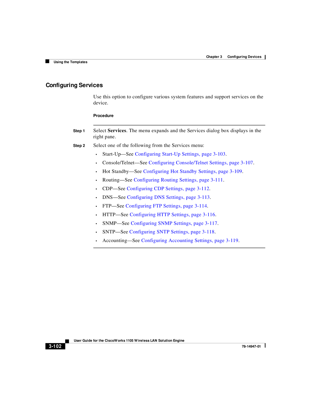 Cisco Systems 1105 manual Configuring Services, 102 