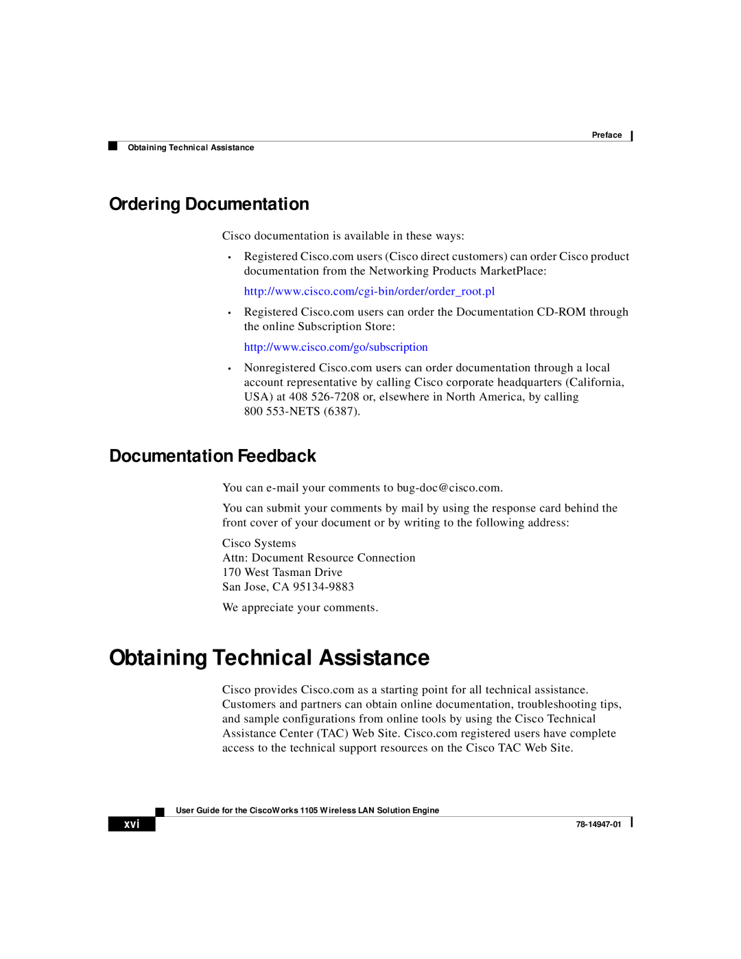 Cisco Systems 1105 manual Obtaining Technical Assistance, Ordering Documentation, Documentation Feedback, Xvi 