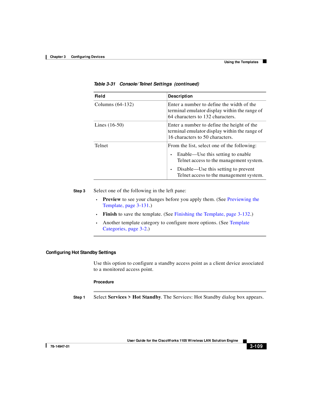 Cisco Systems 1105 manual Configuring Hot Standby Settings, 109 