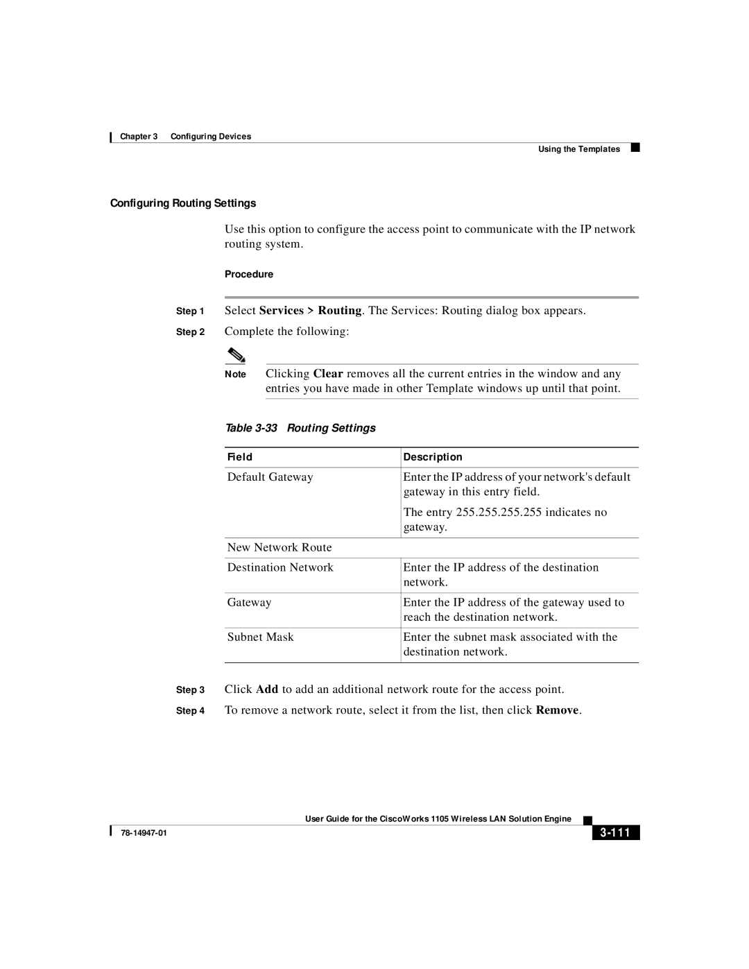 Cisco Systems 1105 manual Configuring Routing Settings, 111 