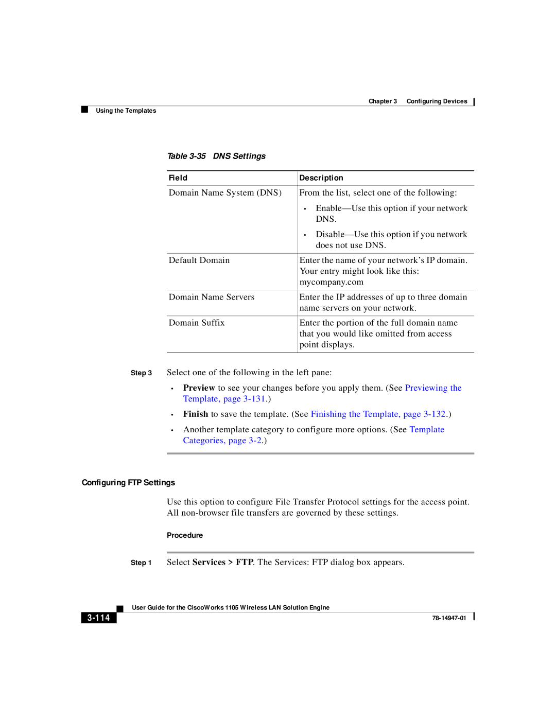 Cisco Systems 1105 manual Configuring FTP Settings, Disable-Use this option if you network, Does not use DNS, 114 