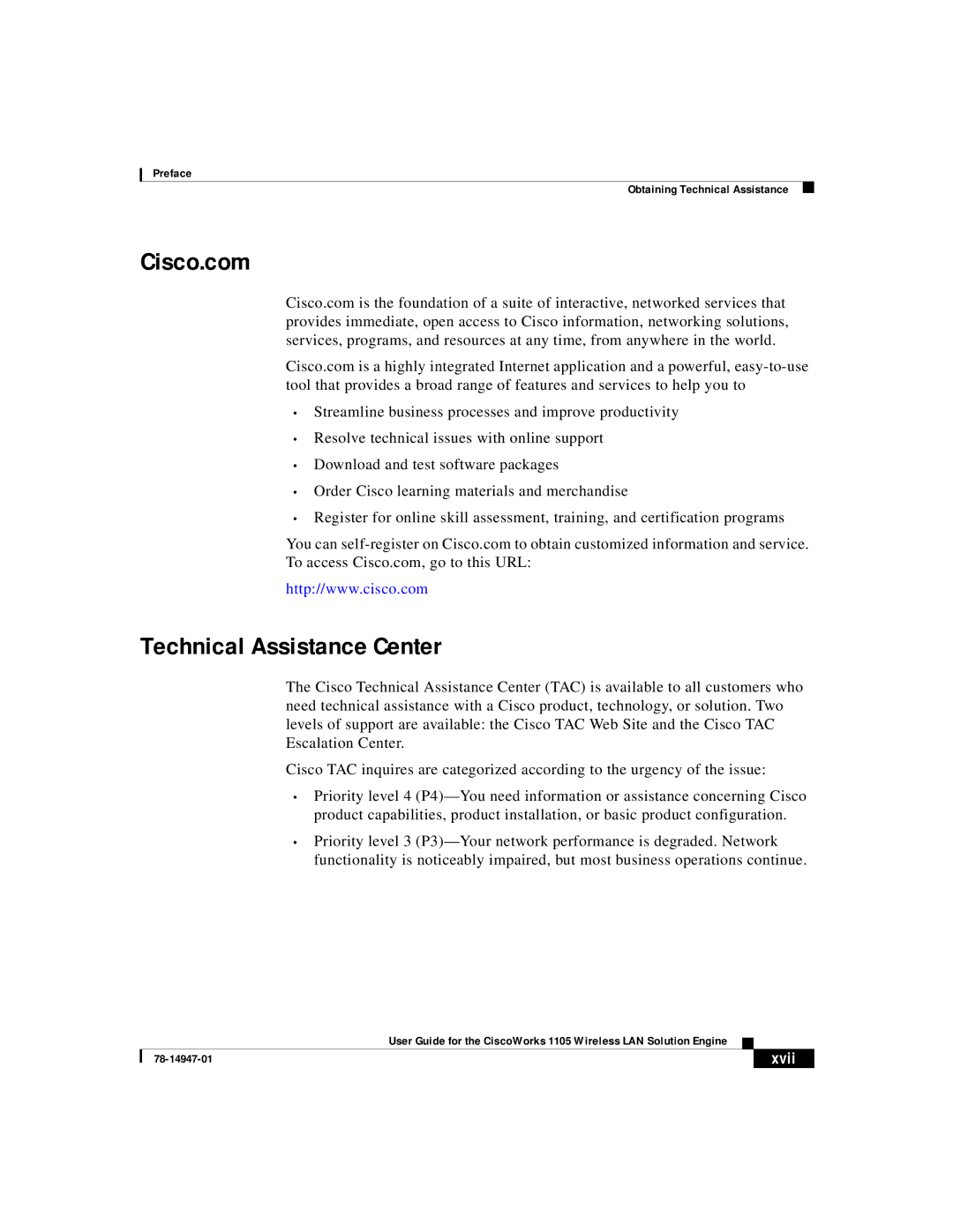 Cisco Systems 1105 manual Cisco.com, Technical Assistance Center, Xvii 