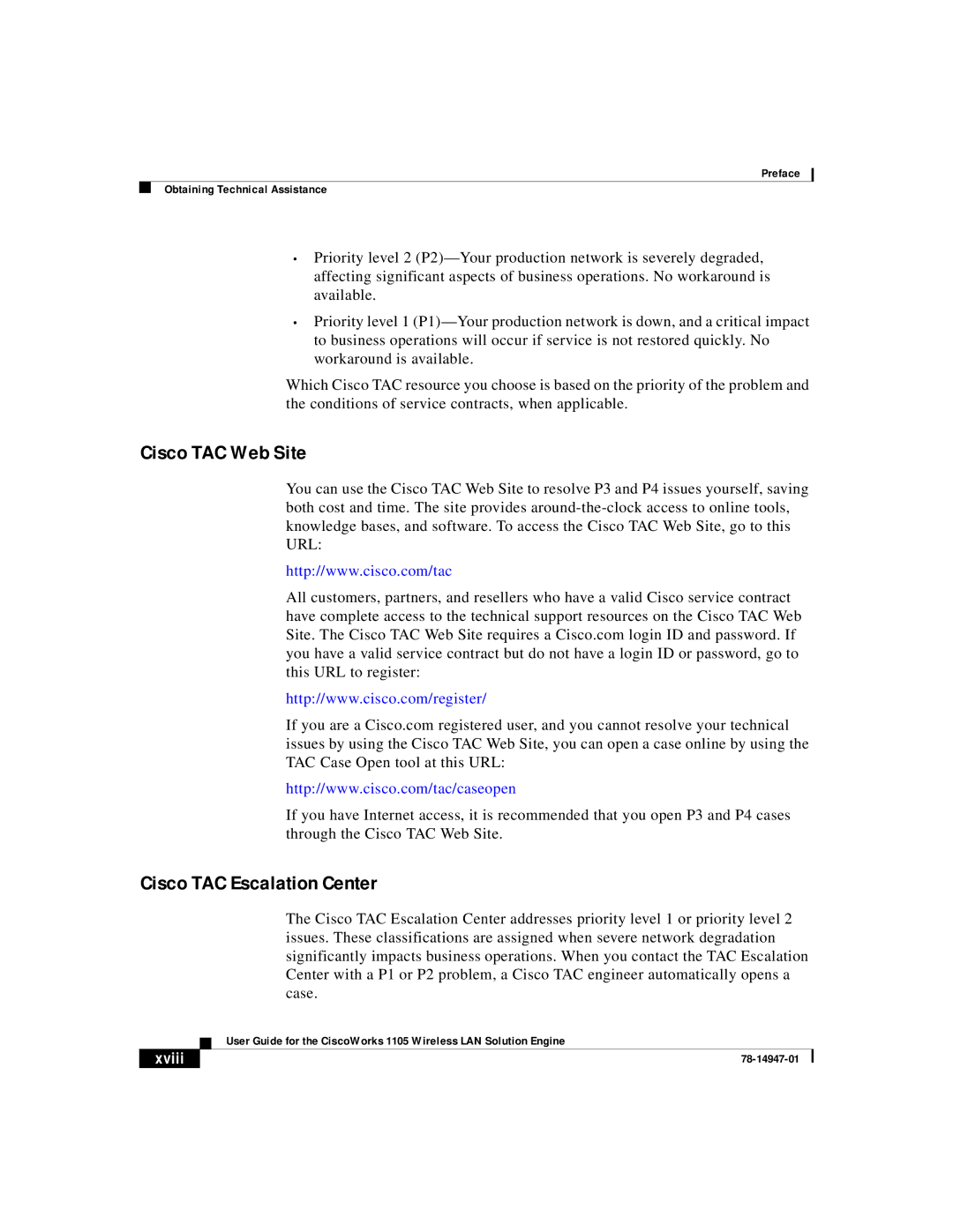 Cisco Systems 1105 manual Cisco TAC Web Site, Cisco TAC Escalation Center, Xviii 