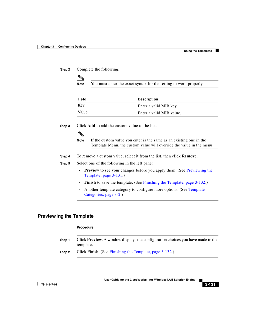 Cisco Systems 1105 manual Previewing the Template, Key Value, Click Finish. See Finishing the Template, 131 