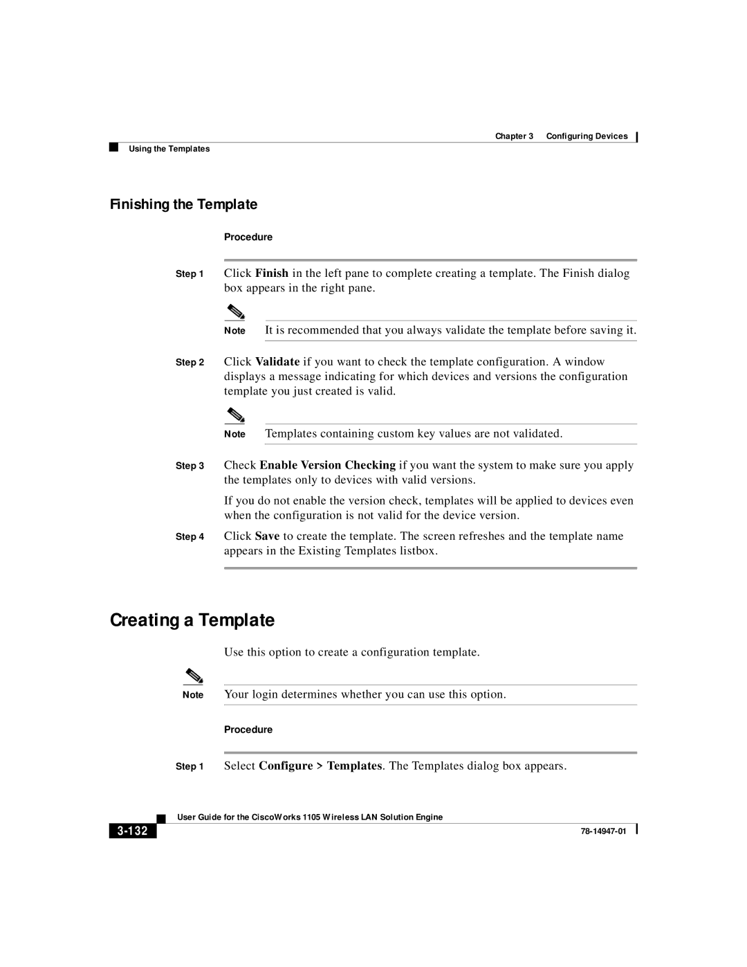 Cisco Systems 1105 Creating a Template, Finishing the Template, Use this option to create a configuration template, 132 