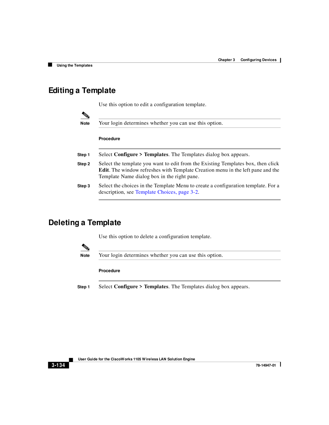 Cisco Systems 1105 manual Editing a Template, Deleting a Template, Use this option to edit a configuration template, 134 