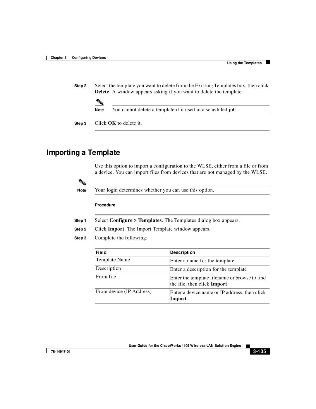 Cisco Systems 1105 manual Importing a Template, Click Import. The Import Template window appears, 135 