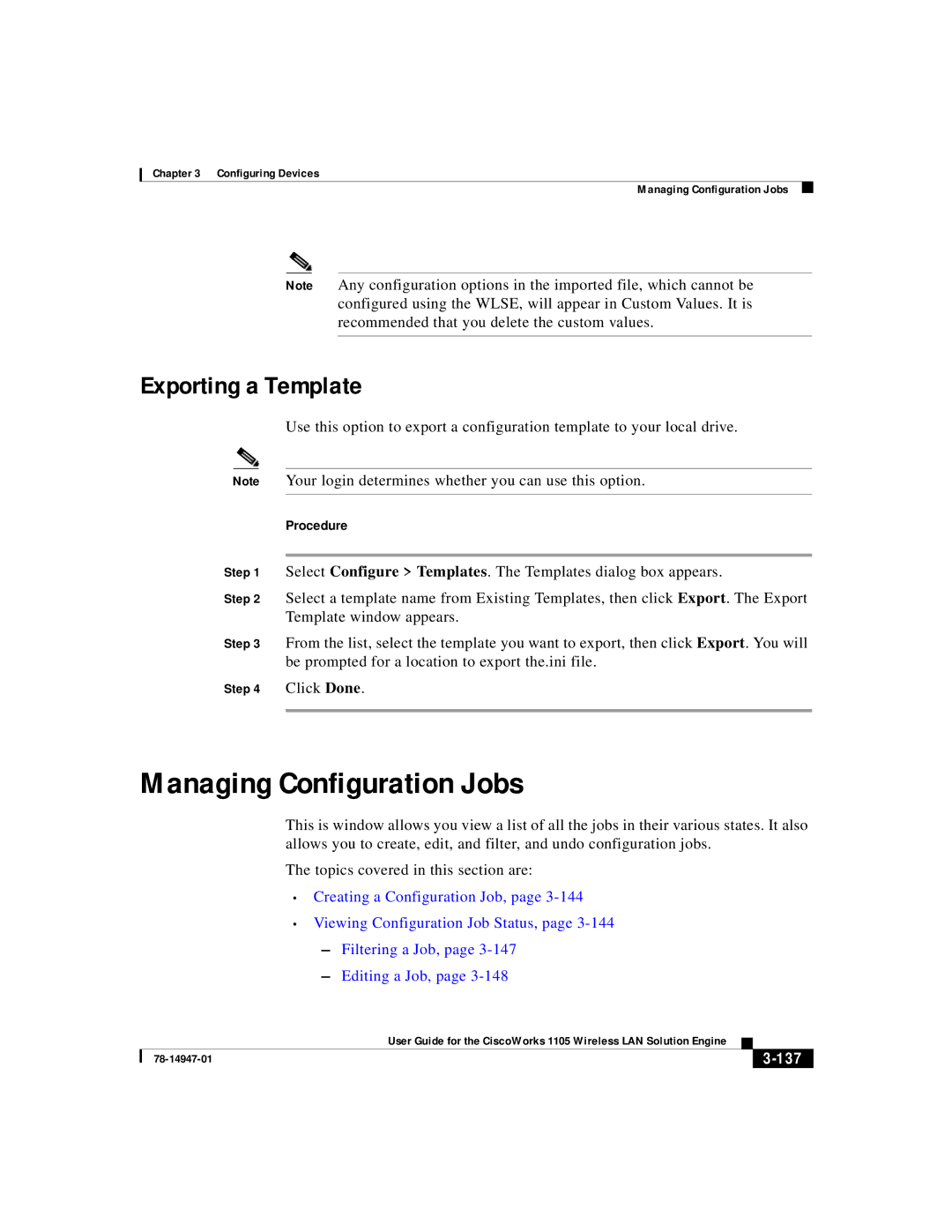 Cisco Systems 1105 manual Managing Configuration Jobs, Exporting a Template, 137 