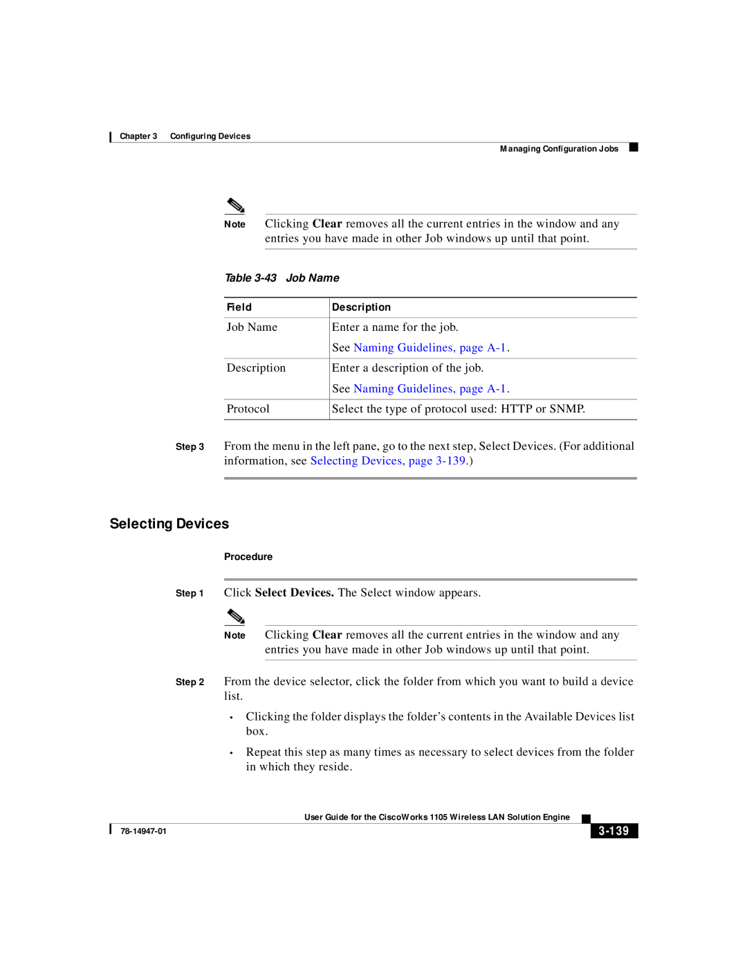 Cisco Systems 1105 Selecting Devices, Job Name Enter a name for the job, Description Enter a description of the job, 139 