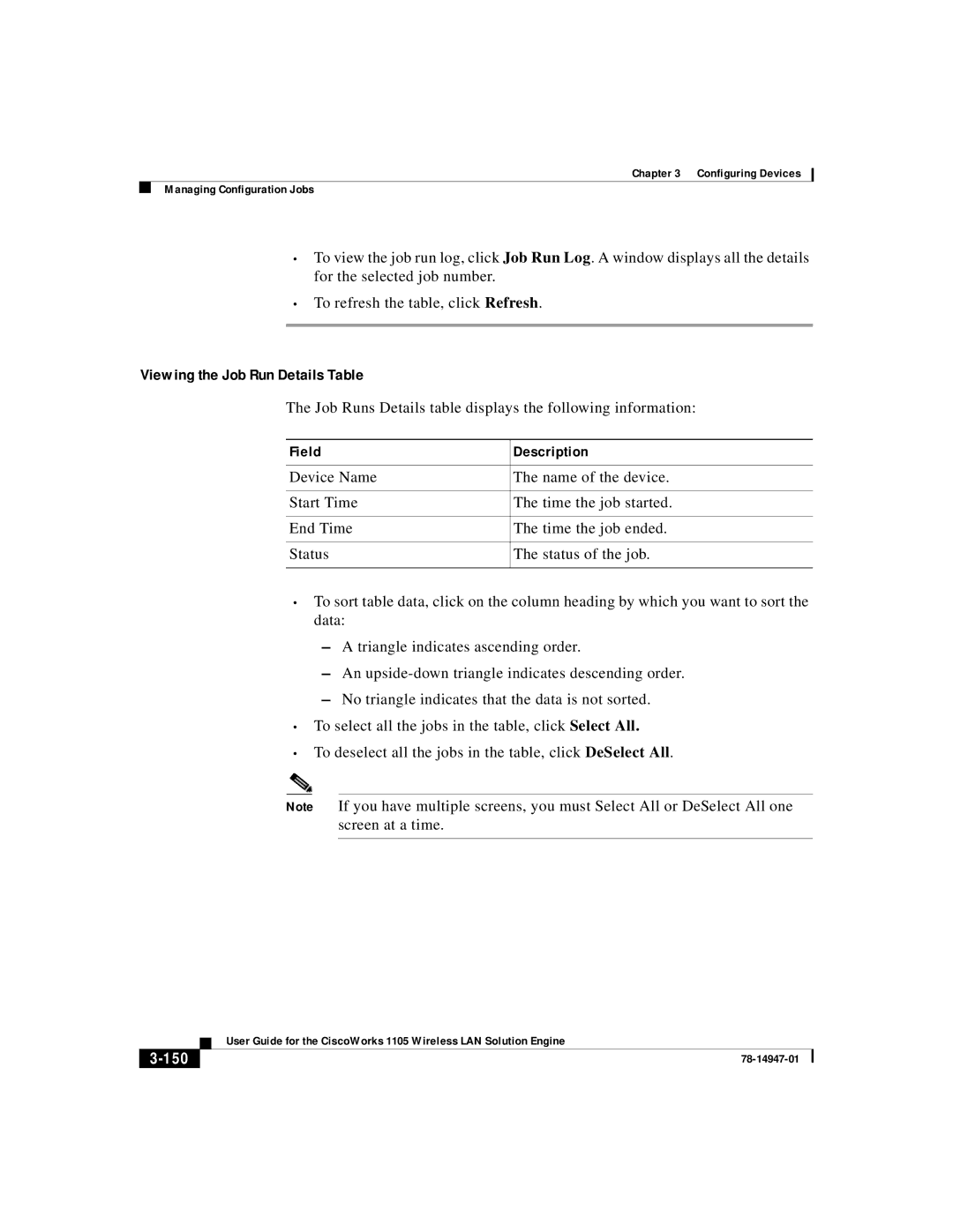 Cisco Systems 1105 manual Viewing the Job Run Details Table, Job Runs Details table displays the following information, 150 