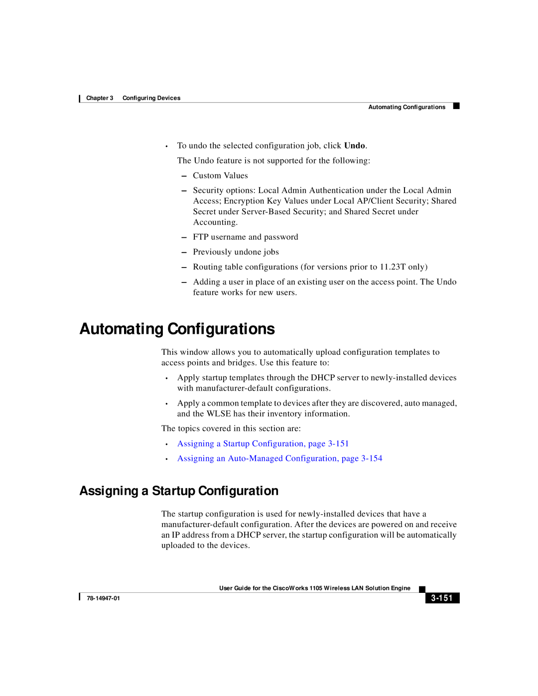 Cisco Systems 1105 manual Automating Configurations, Assigning a Startup Configuration, 151 