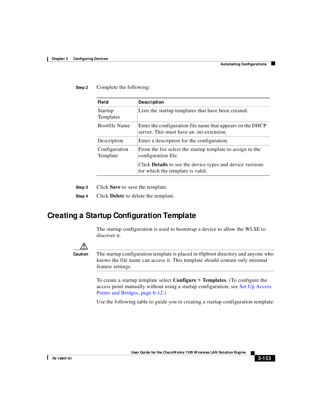 Cisco Systems 1105 manual Creating a Startup Configuration Template, Click Save to save the template, 153 