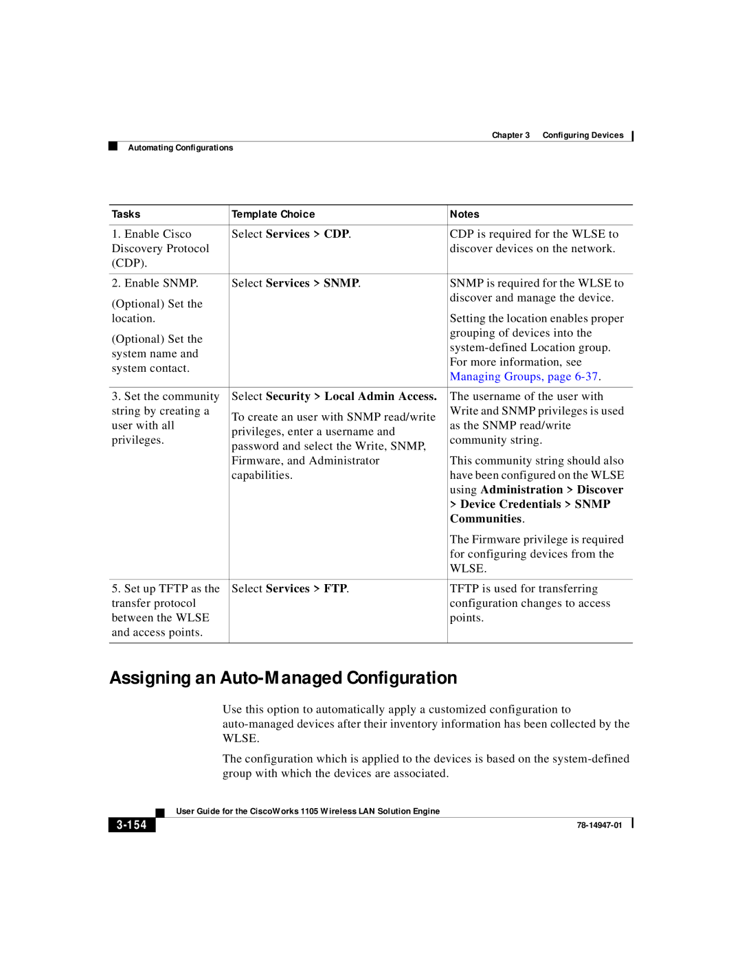 Cisco Systems 1105 manual Assigning an Auto-Managed Configuration, Tasks Template Choice, 154 