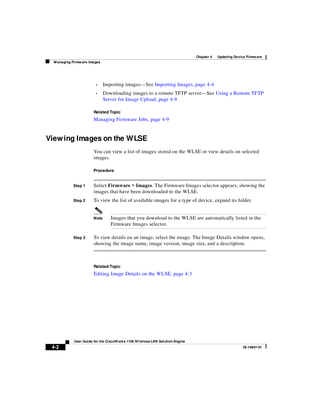 Cisco Systems 1105 manual Viewing Images on the Wlse, Importing images-SeeImporting Images, Managing Firmware Jobs 