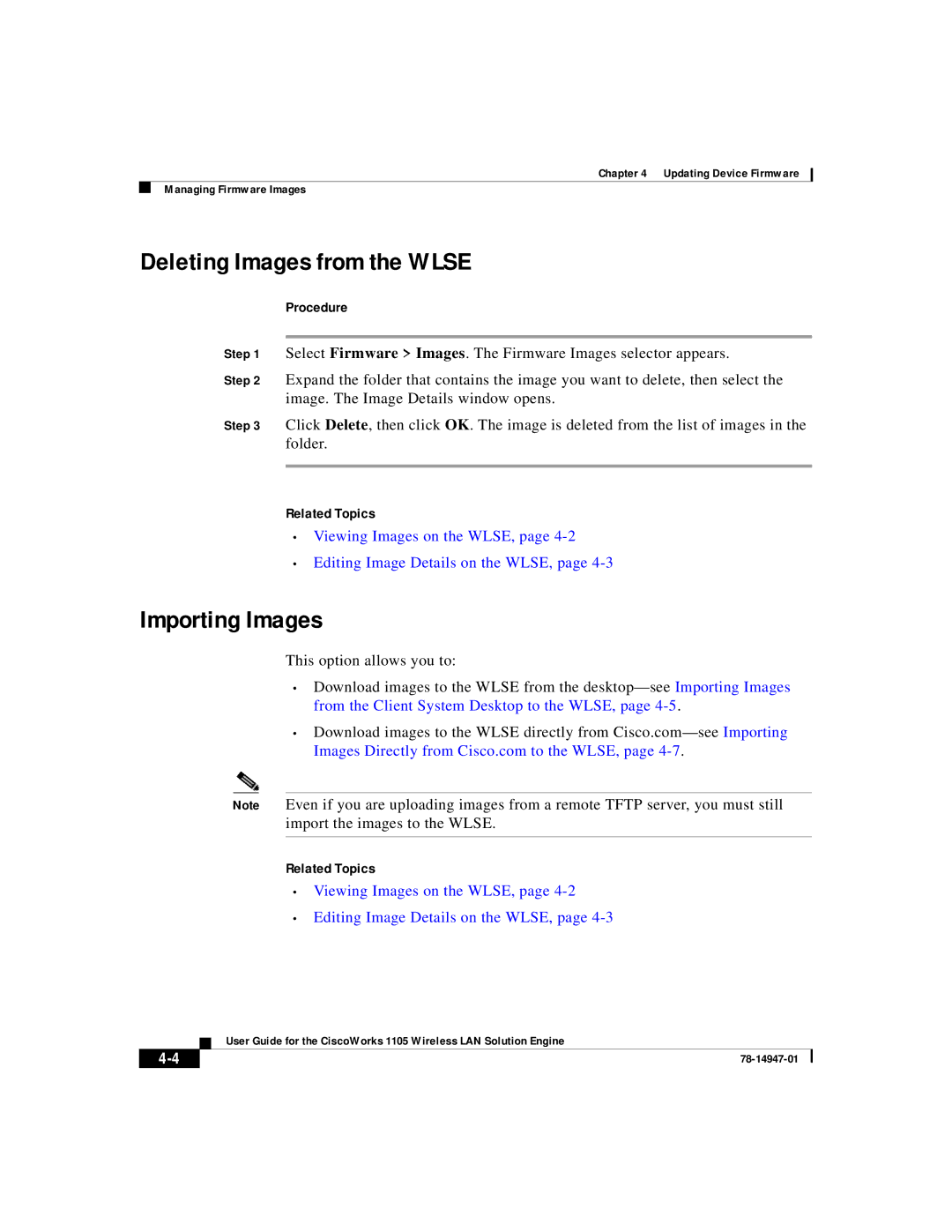 Cisco Systems 1105 manual Deleting Images from the Wlse, Importing Images 