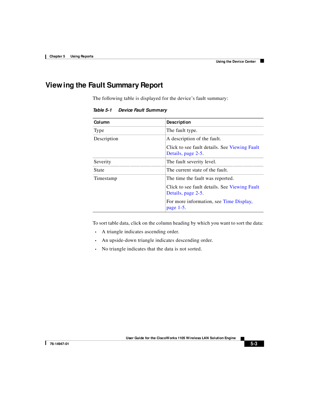 Cisco Systems 1105 Viewing the Fault Summary Report, Following table is displayed for the device’s fault summary, Details 