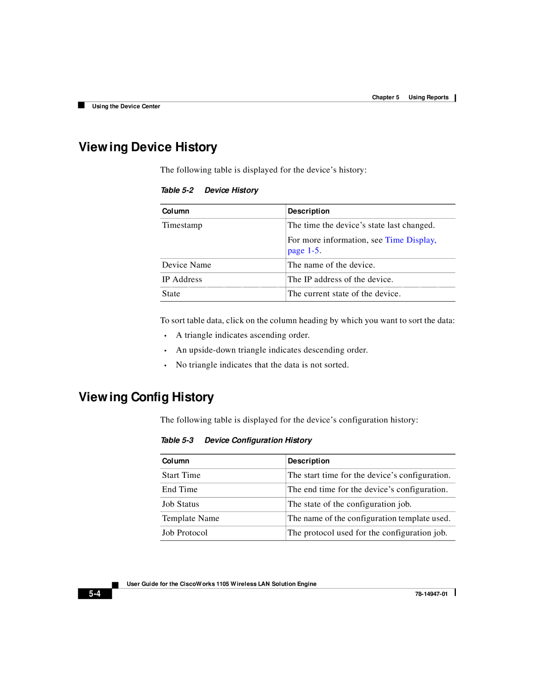 Cisco Systems 1105 Viewing Device History, Viewing Config History, Following table is displayed for the device’s history 