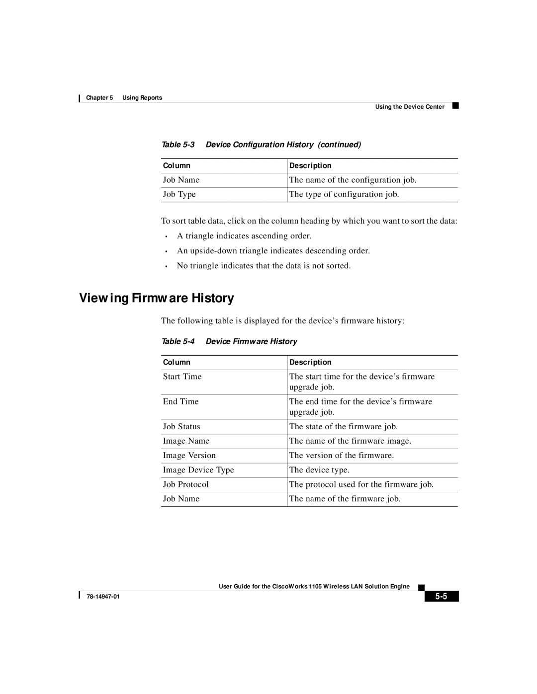 Cisco Systems 1105 manual Viewing Firmware History, Job Name Job Type 