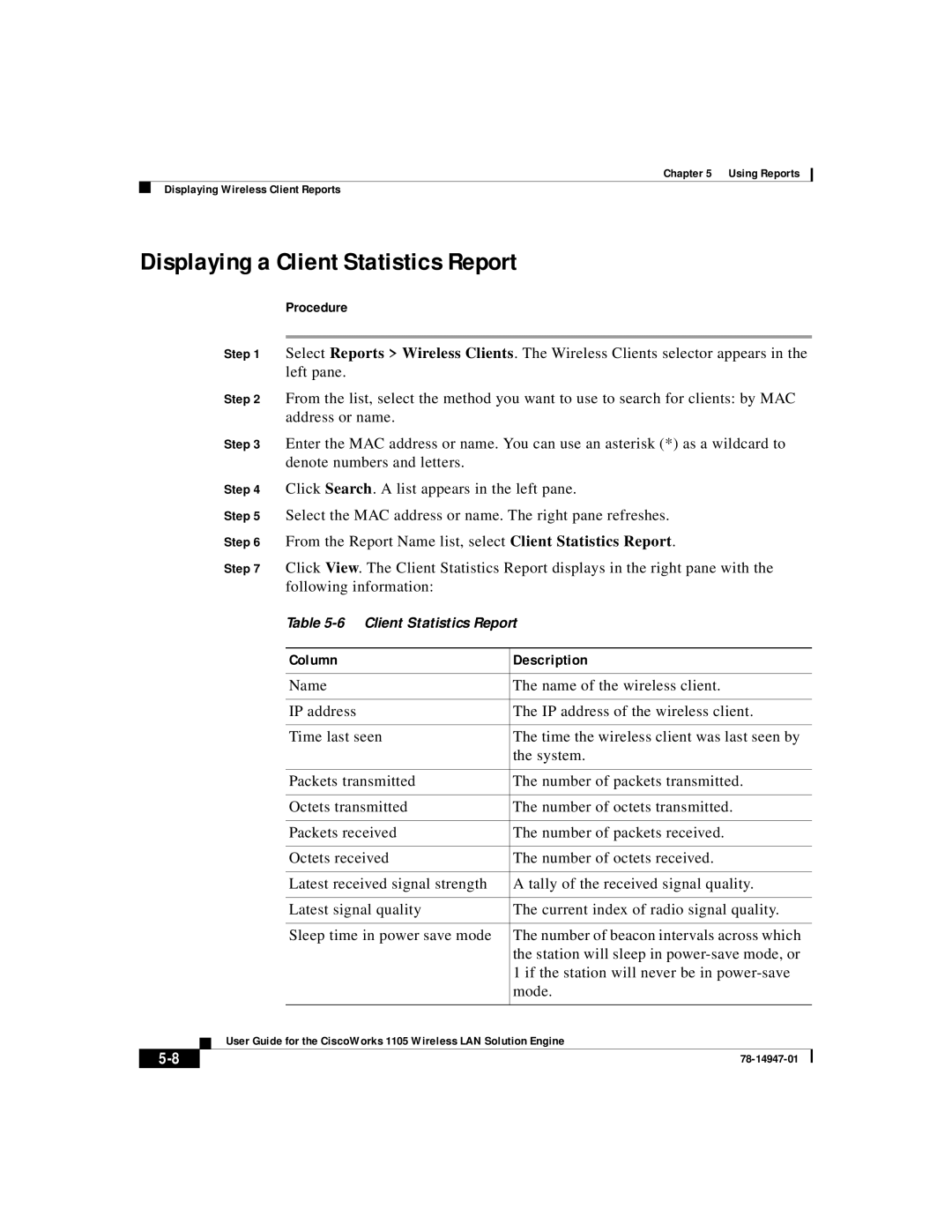 Cisco Systems 1105 manual Displaying a Client Statistics Report 