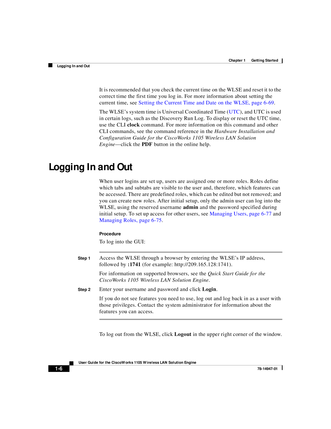 Cisco Systems manual Logging In and Out, Procedure, CiscoWorks 1105 Wireless LAN Solution Engine 