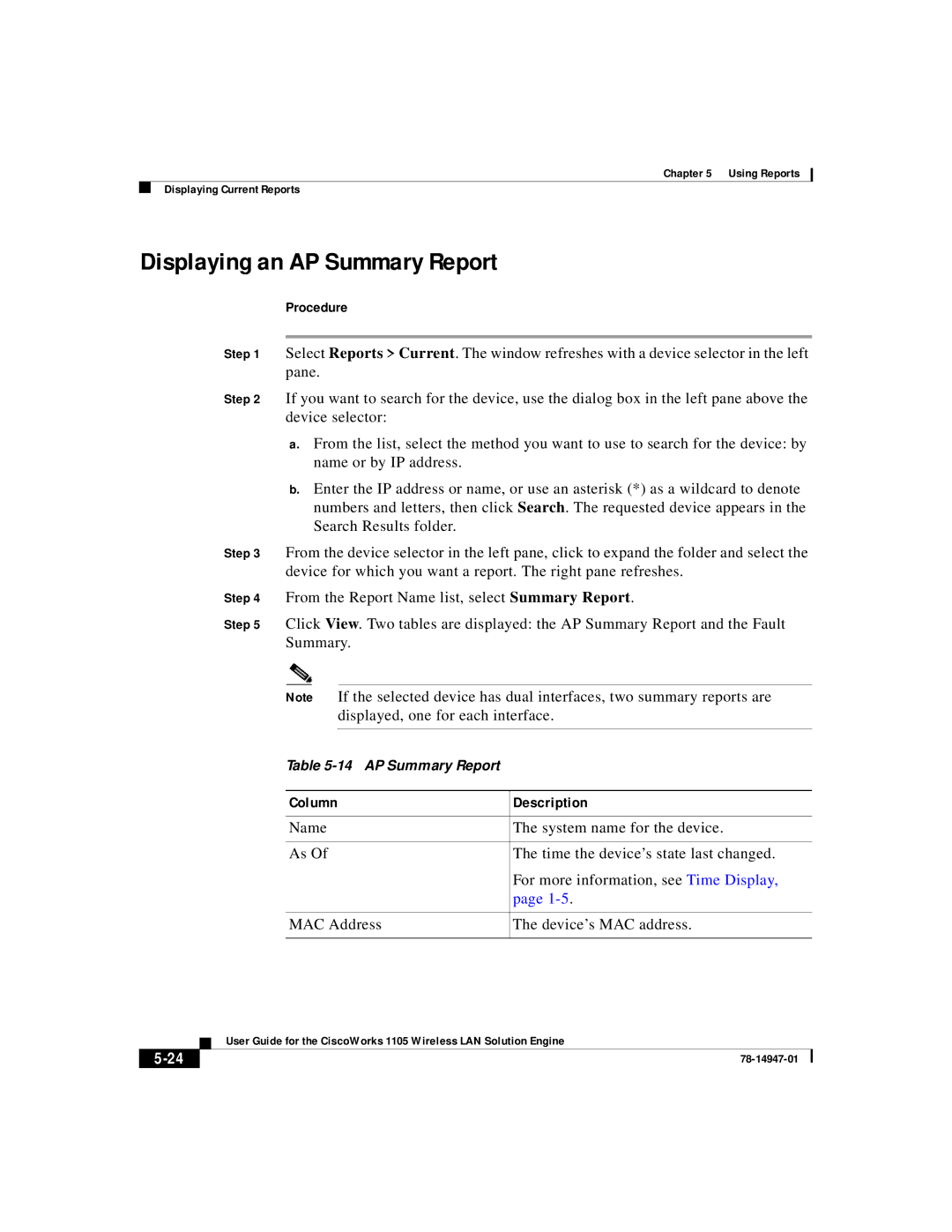 Cisco Systems 1105 manual Displaying an AP Summary Report, Procedure 