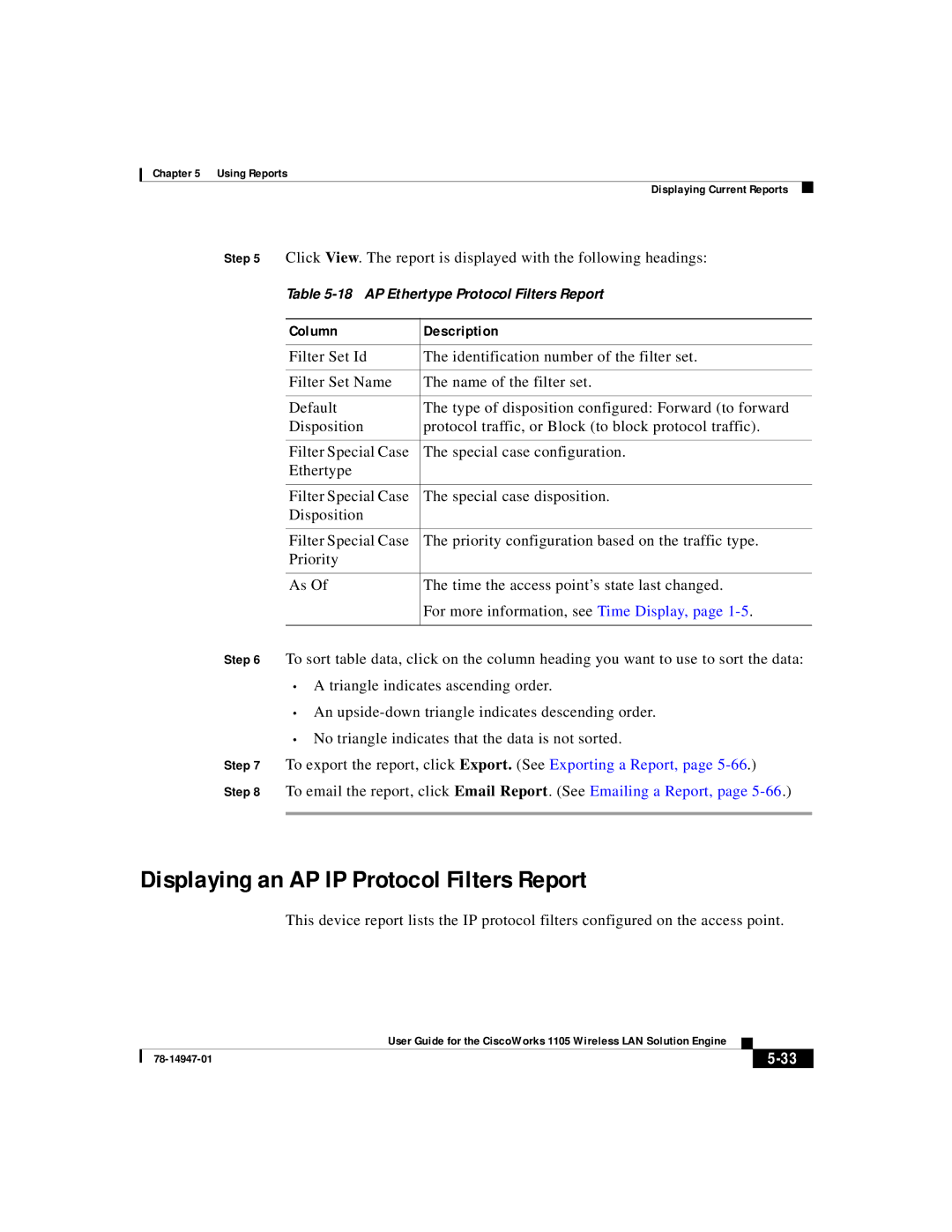 Cisco Systems 1105 manual Displaying an AP IP Protocol Filters Report 