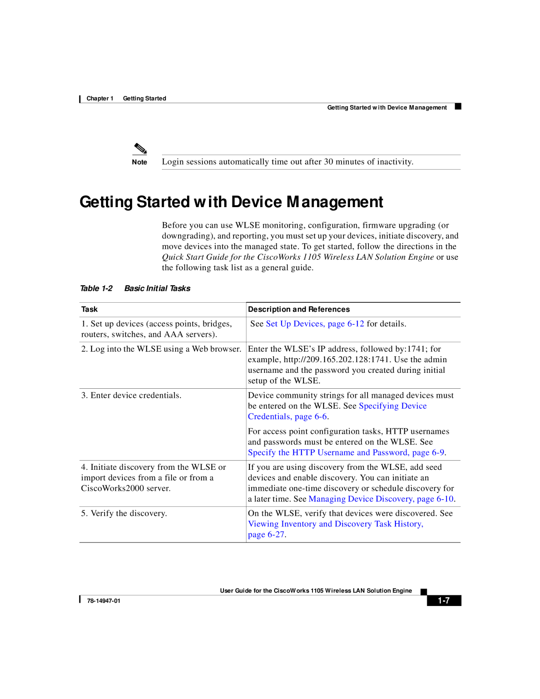 Cisco Systems 1105 manual Getting Started with Device Management, Task Description and References 