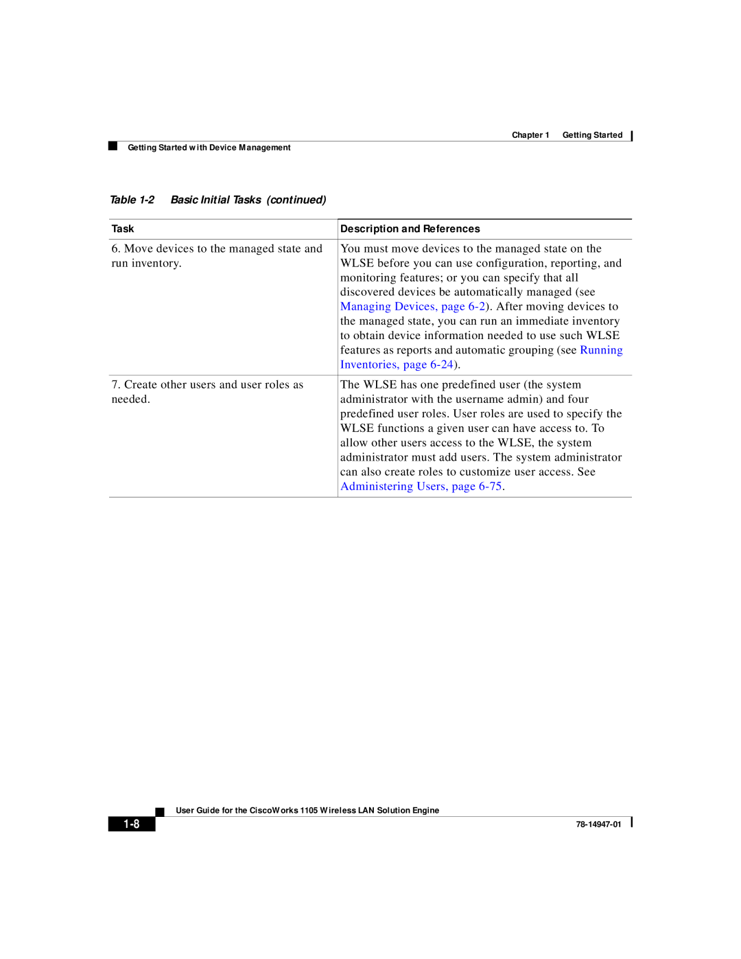 Cisco Systems 1105 manual Managing Devices, page 6-2. After moving devices to, Inventories, Administering Users 