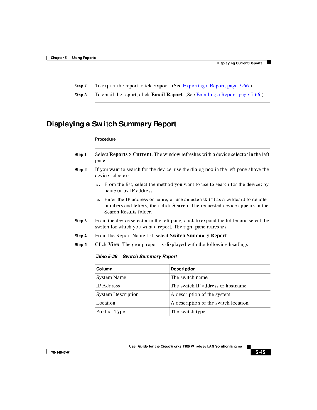 Cisco Systems 1105 manual Displaying a Switch Summary Report, From the Report Name list, select Switch Summary Report 