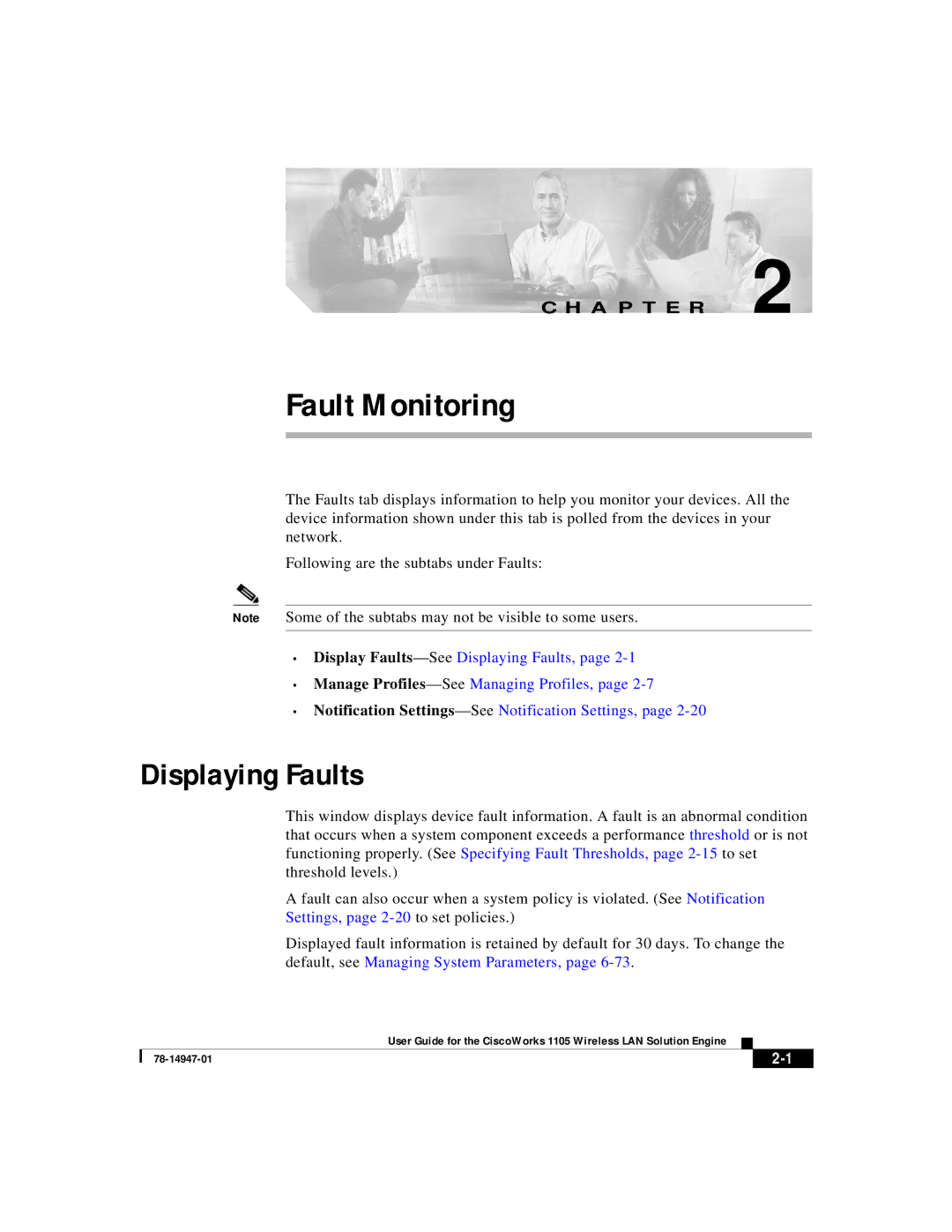 Cisco Systems 1105 manual Displaying Faults, Settings, page 2-20 to set policies 