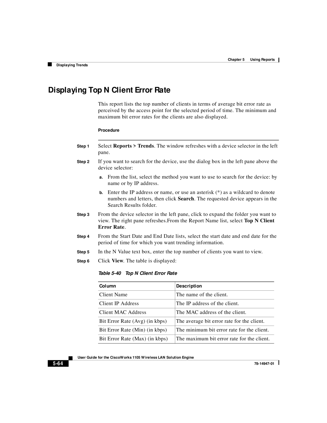 Cisco Systems 1105 manual Displaying Top N Client Error Rate 