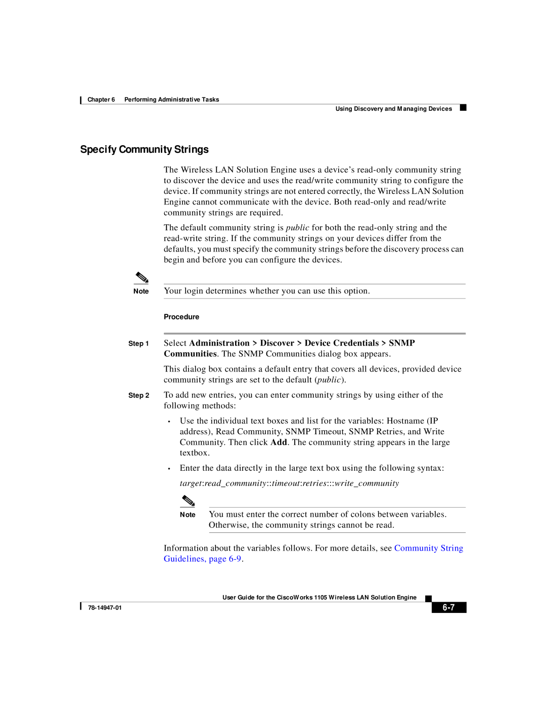 Cisco Systems 1105 manual Specify Community Strings, Select Administration Discover Device Credentials Snmp 