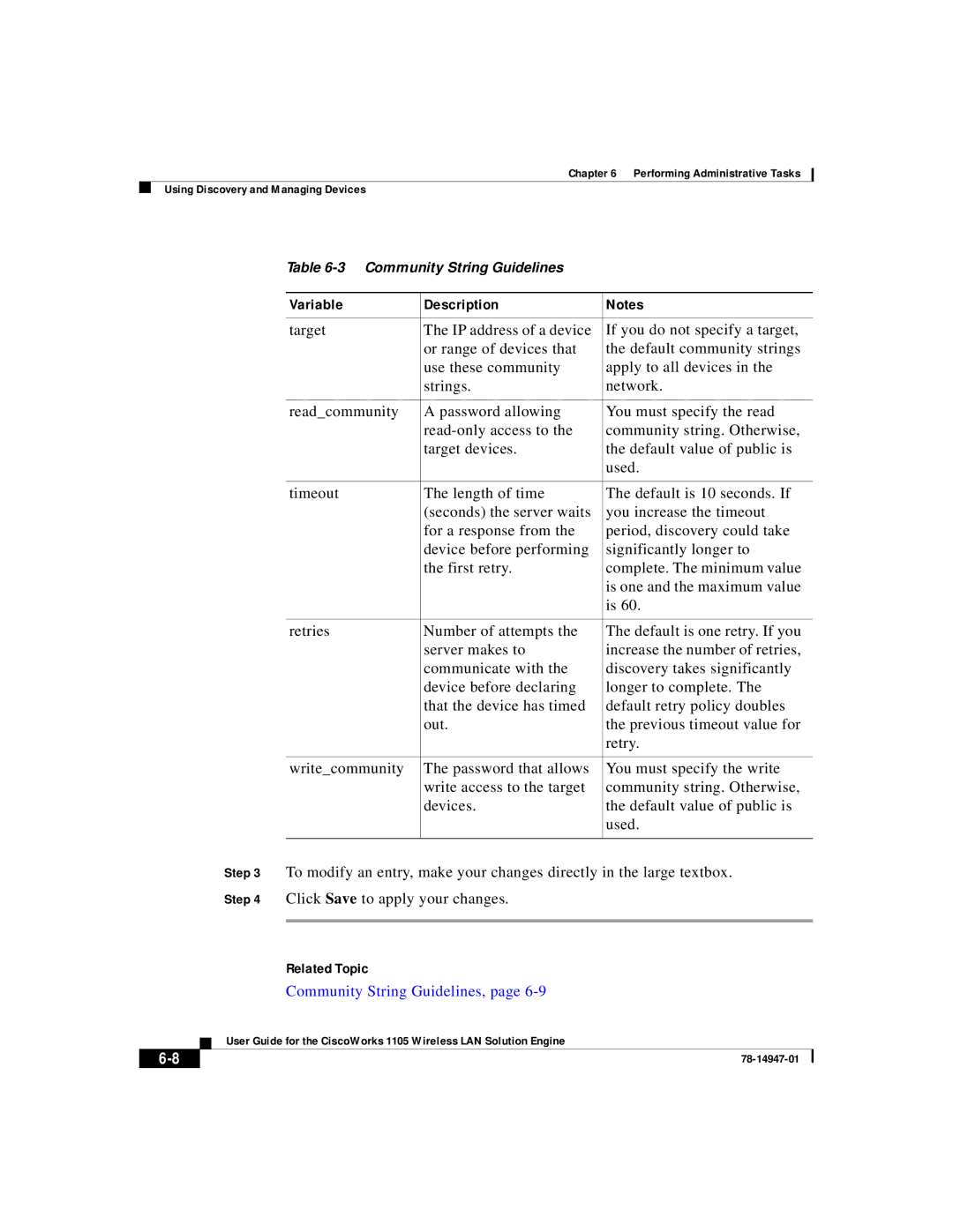 Cisco Systems 1105 manual Variable Description, Community String Guidelines 