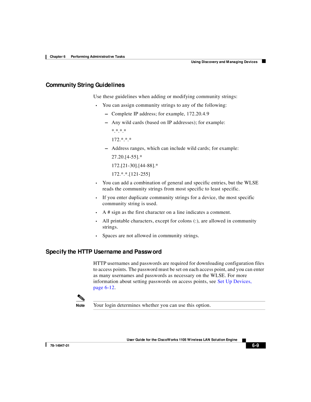 Cisco Systems 1105 manual Community String Guidelines, Specify the Http Username and Password 